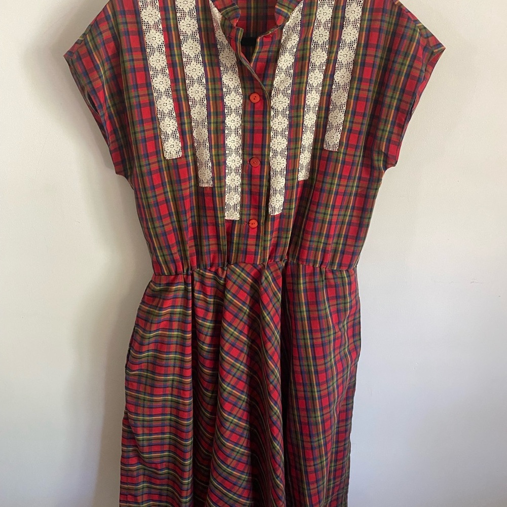 Plaid Button-Up Dress with Lace Detail Equestrian Western Country